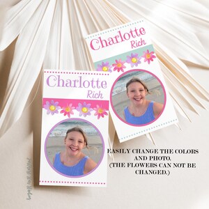 May include: Two printable gift tags with a floral design and a photo of a girl. The tags are customizable with a name and text. The text on the tags reads "Charlotte Rich".