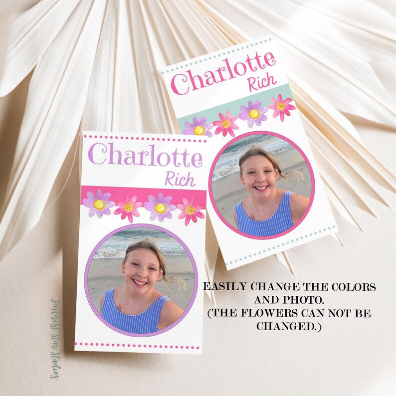 May include: Two printable gift tags with a floral design and a photo of a girl. The tags are customizable with a name and text. The text on the tags reads "Charlotte Rich".