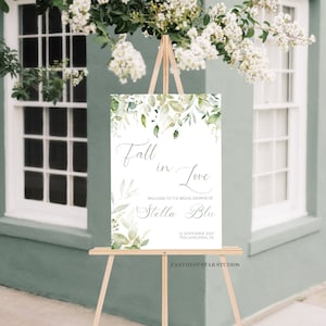 Fall in Love Bridal Shower Welcome Sign, Fall Bridal shower Eucalyptus and gold Shower decor, Printable Eucalyptus Gold Shower Welcome sign
