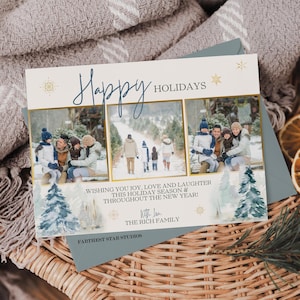Tarjeta con foto de vacaciones, tarjeta con foto de Año Nuevo, tarjeta navideña tardía, tarjeta navideña rústica, tarjeta con foto de invierno, tarjeta navideña con foto, tarjeta con 3 fotos