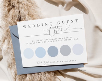 Può includere: Carta di abbigliamento per gli ospiti del matrimonio con una tavolozza di colori blu chiaro. La carta recita "Abbigliamento degli ospiti del matrimonio" e "Invitiamo i nostri ospiti a indossare questi colori per il nostro giorno speciale." La carta è firmata "Grazie! Scarlett & Jonathan".