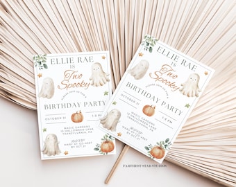 May include: Two printable invitations for a child's second birthday party. The invitations feature a ghost and pumpkin theme with the text "Ellie Rae is Two Spooky".
