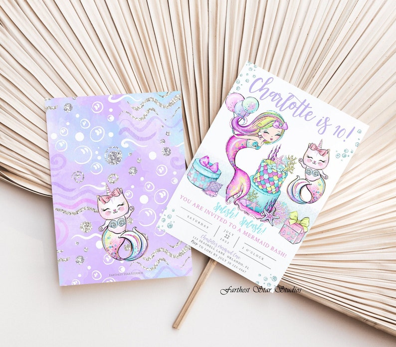 Featuring enchanting cat mermaids and rainbow mermaids, this invitation transports your guests to a whimsical undersea world. The vibrant colors and playful design create an atmosphere of joy and wonder.