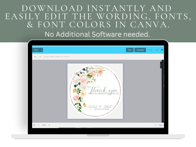 May include: A computer screen displaying a round thank you card with a floral design. The text on the card reads "Thank you for celebrating with us!" and "Yuhile & Robit August 24, 2023".