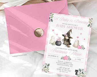A baby is brewing Shower Invitation, Coquette Halloween Baby Shower Invite, Pink Pumpkin Shower Invite, Fall Shower invitation
