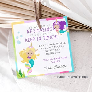 Unicorn Mermaid Playdate cards,  Summer play date card, Printable End of School Tags for Kids,  Play Date Business Card, Keep in Touch Card
