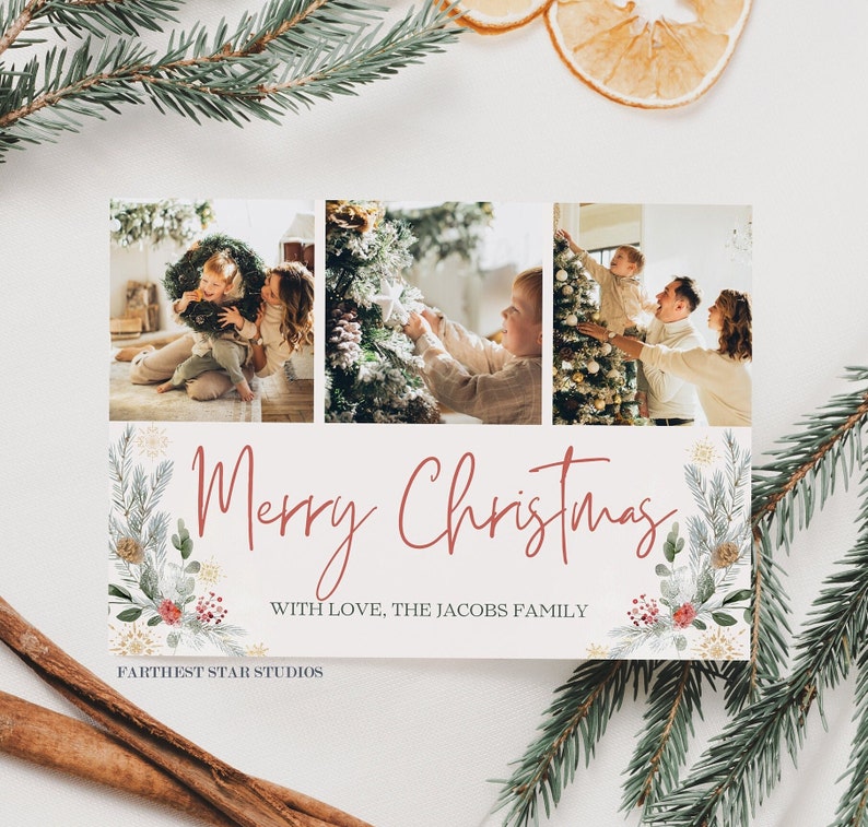 Photo christmas card template, 3 photo christmas card template, christmas card template photo, christmas card template canva, christmas evit image 1