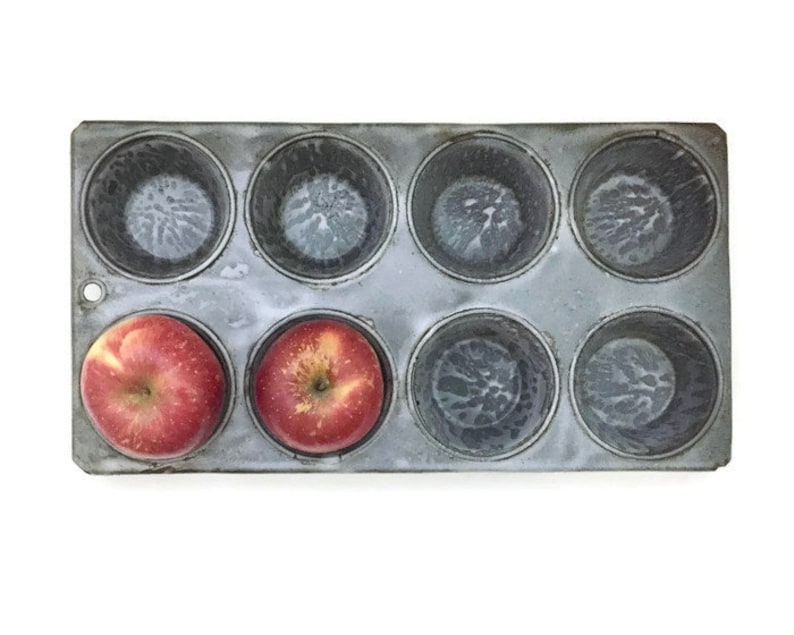 Vintage Graniteware Muffin Pan 8 Cups Mottled Gray Enamelware Kitchen Decor