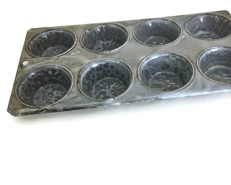 Vintage Graniteware Muffin Pan 8 Cups Mottled Gray Enamelware Kitchen Decor