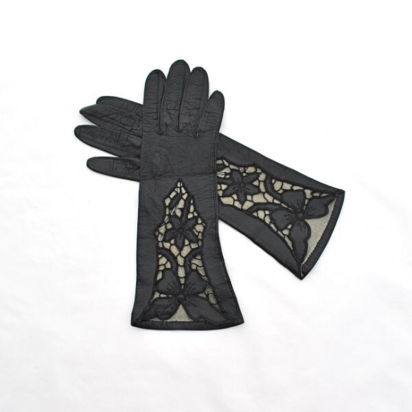 Vintage Fashion Womens Gloves Black Kid Leather Cutwork Italy Elegant Party Prom Glamour Accessory Retro Goth Steampunk
