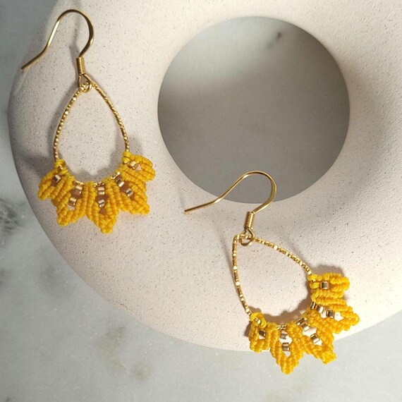 Small Micro Macrame Drop Earrings, Handmade Bohemian Jewelry