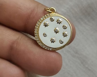 Celestial Gold Enamel Pendant, Dainty Starry Night Necklace Charm, Gold Vermeil White Enamel Jewelry, Minimalist Celestial Disc Pendant