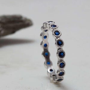 Dainty Blue Sapphire Eternity Ring: Sterling Silver Stacking Band