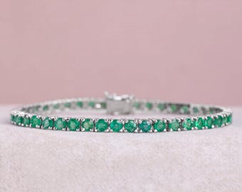 14k Gold Emerald Tennis Bracelet: Bezel Set Gemstone, Birthday Gift