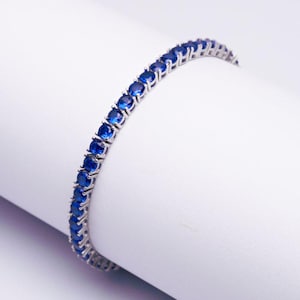 Blue Sapphire Sterling Silver Bracelet: September Birthstone, Tennis Style Bracelet ,Blue Sapphire Round Cut Sterling Silver Tennis Bracelet