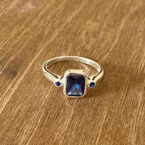 Emerald Cut Blue Sapphire Engagement Ring, 14K Gold Sapphire Ring, Emerald Cut Blue Sapphire Ring, Sterling Silver Solitaire Birthstone Ring