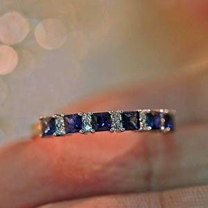 Dainty Blue Sapphire Eternity Ring: Sterling Silver Stacking Band
