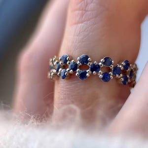Dainty Blue Sapphire Eternity Ring: Sterling Silver September Birthstone