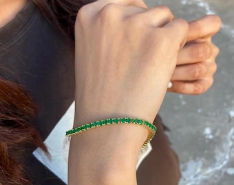 Emerald Tennis Bracelet: 14k Gold Bezel Set, Sterling Silver