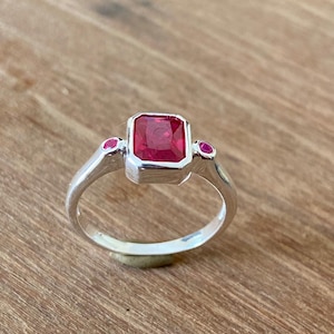 Emerald Cut Lab Created Ruby Solitaire Ring Yellow Gold Minimalist Ring Statement Art Deco Jewelry July Birthstone Anniversary Gift for Her
