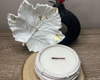 Handmade Jesmonite Bowl Set: Scented Soy Candle & Leaf Jewelry Dish