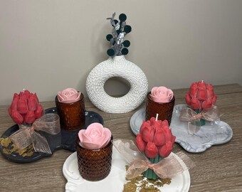 Gift set/ handmade jesmonite tray/ candle in a jar/ tulip bouquet/ organic soy wax candle