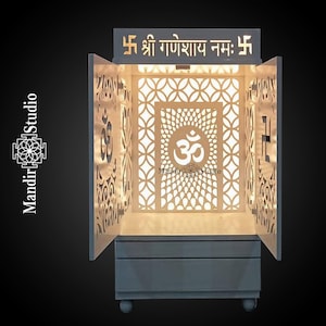 MandirStudio Wooden White Door Temple With Led Lights|Puja Temple for Home & Office|Puja Ghar |Customized temple|Wooden Door mandir for Home