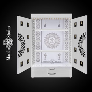 MandirStudio Wooden White Door Temple With Led Lights|Puja Temple for Home & Office|Puja Ghar |Customized temple|Wooden Door mandir for Home