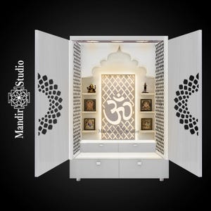 MandirStudio Wooden White Door Temple With Led Lights |Puja Temple for Home & Office|Puja Ghar|Customized temple|Wooden Door mandir for Home