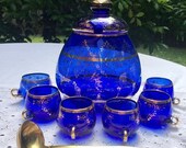 Mothers Day sale Venetian MURANO Cenedese Vetri Bohemian Glass Cobalt Blue 24k Gold Accent Punch Bowl Set