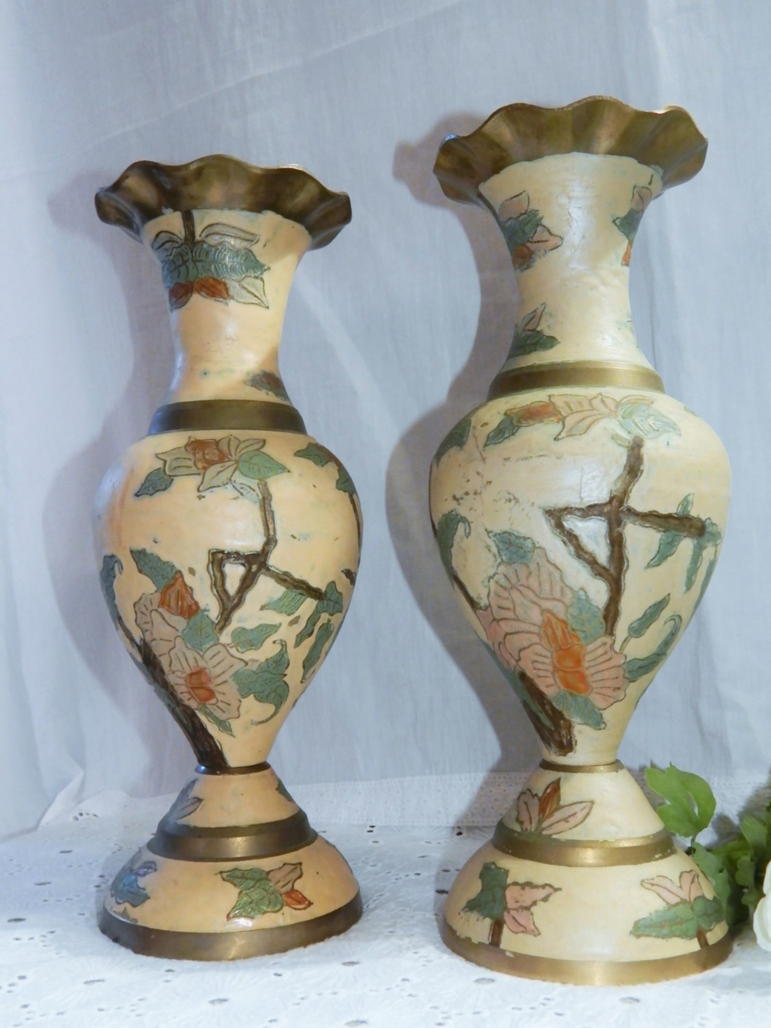 Free Shipping large Brass Vases vintage Pair of Enamelware Etsy