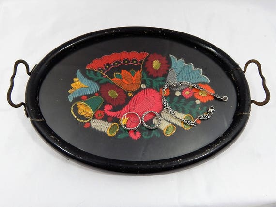 Antique Vanity Tray-Folk Art Embroidery under Glass Oval Wooden black frame with brass handles -Ball Feet- Exquisite