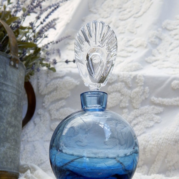 Astoundingly Lovely Vintage MURANO Art Glass Perfume Bottle --Italian Art Glass--BLUE Glass --Clear Stopper --MINT Condition