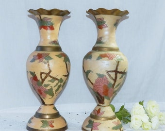 Free Shipping -Large Brass Vases -Vintage Pair of Enamelware Brass Enamel Decorated vases Asian Theme