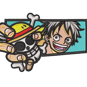 May include: An embroidered patch featuring a rectangular light blue frame containing a smiling anime character with black hair. To the left, a skull and crossbones emblem wears a yellow straw hat with a red band, all outlined in thick black thread.