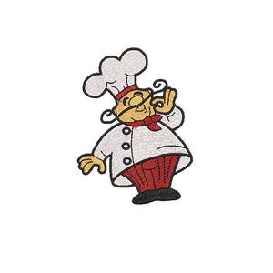May include: Embroidered patch of a cartoon chef in a white uniform, chef's hat, and red neckerchief. The chef is giving the 'okay' hand gesture. The chef's outfit has a red skirt-like bottom and black shoes. The chef has a yellow face and glasses.