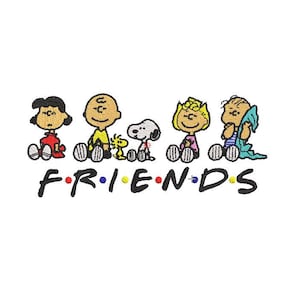 May include: Embroidered design featuring characters from the Friends cartoon series. The image shows Lucy, Charlie Brown, Snoopy, Sally, and Linus. The word "FRIENDS" is written in colorful letters below the characters.