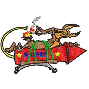 May include: Embroidered patch showing a cartoon coyote on a red rocket with the word "ACME". The coyote is brown with yellow eyes and is strapped to the rocket with green straps. The rocket has a yellow fuse and is smoking.