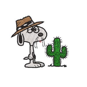 May include: An embroidered design featuring a cartoon dog wearing a brown hat with a black and white band, standing next to a green cactus. The dog has black eyes and a black nose. The design is on a white background.