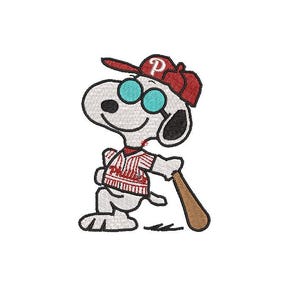 May include: Embroidered design of Snoopy wearing a red baseball cap with a white "P" and teal-colored glasses. He is holding a baseball bat and wearing a red and white striped Phillies jersey. The design is on a white background.