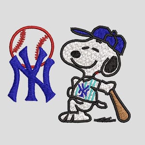 May include: Embroidered design featuring Snoopy in a baseball uniform, holding a bat, with a blue baseball cap. A baseball with the New York Yankees logo is to the left. The design is in blue, white, red, and brown.