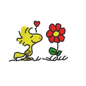 May include: Embroidered design of a yellow bird with a heart above its head, looking at a red flower with a yellow centre. The bird and flower are on a white background, with black lines suggesting grass.