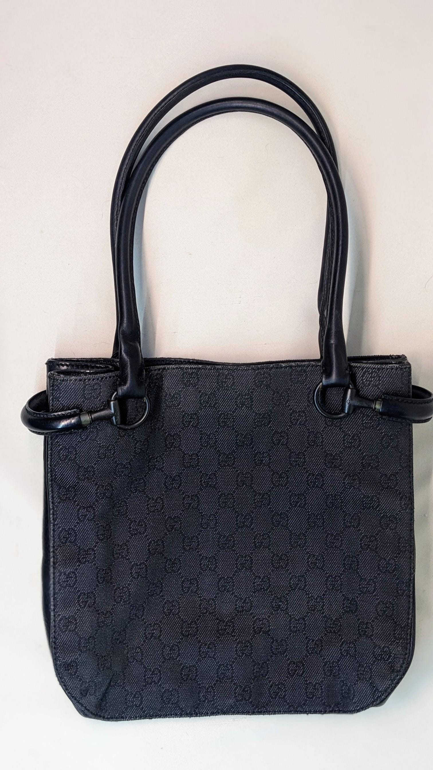 GUCCI バッグ Vintage Gucci Tote Bag Black GG Canvas Leather Trim Horsebit