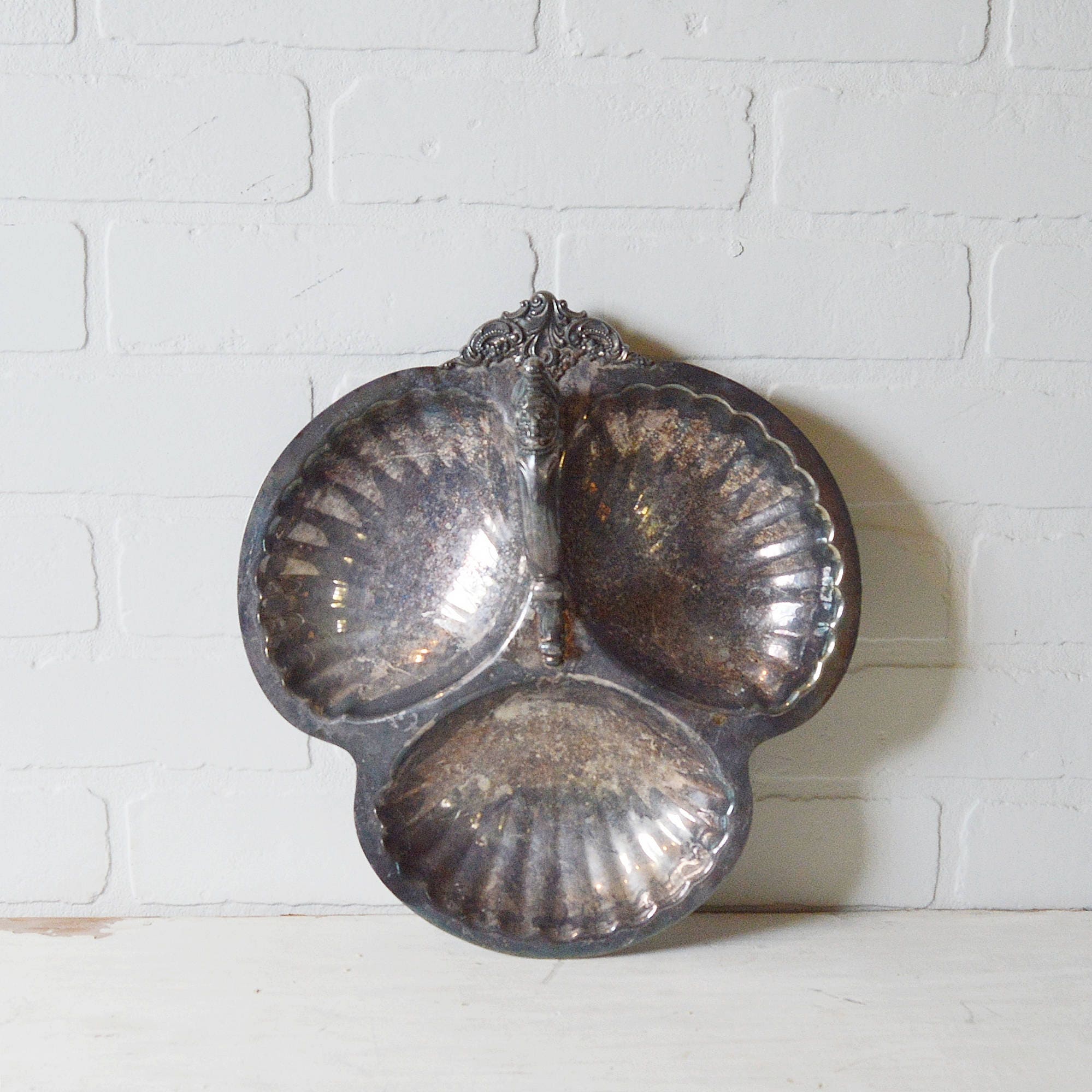 Serving Shell Triple Shell Silver Serving Dish, Shell Serving Dish, Silver Shell Dish ...