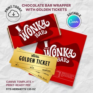 May include: Red Wonka Bar wrappers and Golden Tickets. The wrappers feature the Wonka Bar logo in white. The Golden Tickets are gold with black text. The text on the image says "Chocolate Bar Wrapper with Golden Tickets" and "Fits Hershey's 1.55 oz."