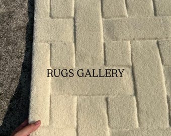 Alfombra de color marfil con mechones hechos a mano / Alfombra con textura geométrica minimalista / Alfombra de diseño moderno y neutro para sala de estar y dormitorio