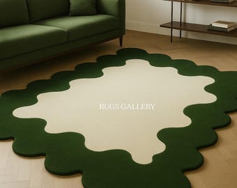 Green and Ivory Abstract Rug – Modern Artistic Carpet, Handmade Tufted Rug - Designer Wavy Border Rug – Contemporary Aesthetic Home Decor