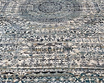 Hand Knotted Wool & Silk Rug, Blue Gray Oriental Carpet, Vintage Medallion Area Rug, Traditional Boho Decor, Luxury Living Room Rug