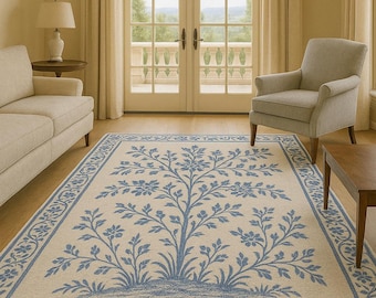 Blue Botanical Area Rug, French Country Floral Carpet, Coastal Traditional Rug, Minimal Vintage Style Living Room Rug