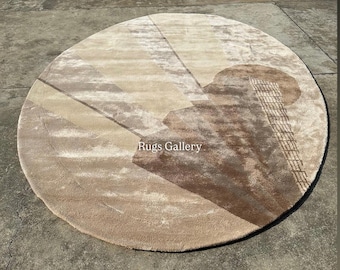 Tapete redondo de seda Tencel feito à mão | Tapete abstrato de luxo em tons de bege e marrom | Tapete moderno minimalista escandinavo estilo japonês